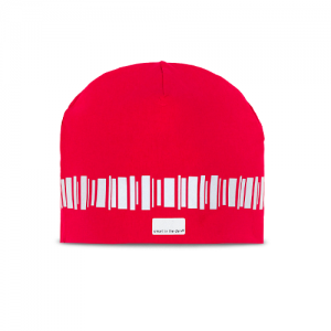 Kjekk reflekslue i bomull i vakker röd. En reflekterende løkke i mønsteret nordlys løper rundt hatten.