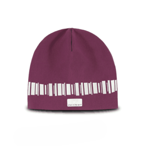 Modern reflective beanie in a warm burgundy color. Pattern in northern lights runs around the hat