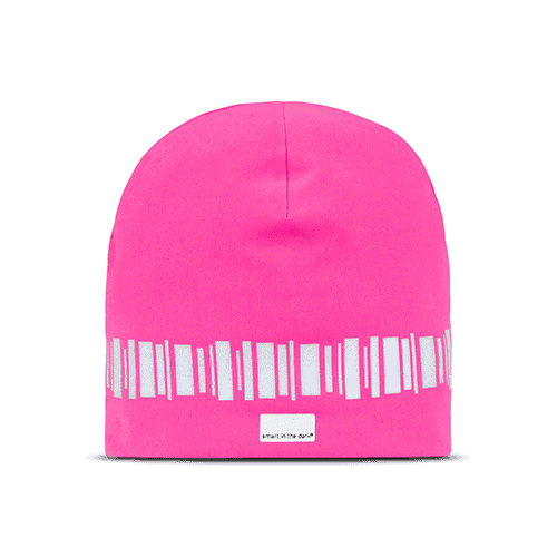 Modern reflective hat in lovley fuxia. A reflectivepattern similar northern lights runs around the head