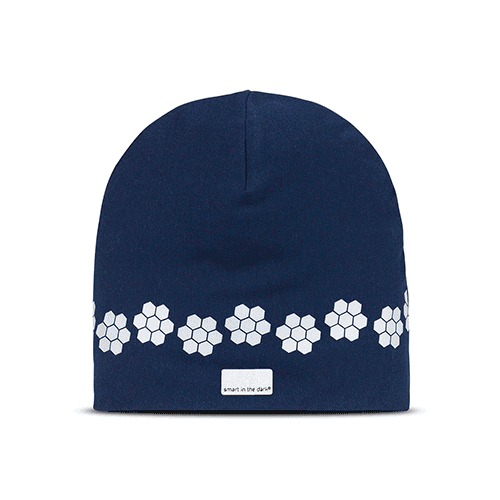 Soft reflective hat a beautiful blue color. Pattern similar cloudberries goes around the hat