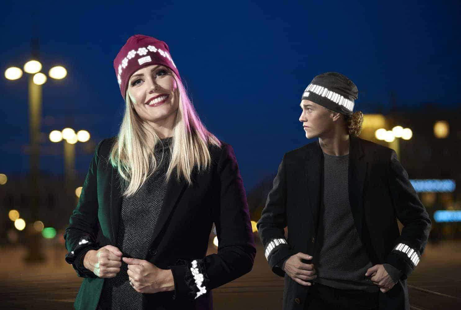 Reflective beanies, high visibility hats, burgundy grey smart in the dark