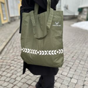 Nice reflective cotton tote bag with double handles in moss green. Pattern: Oat, Smart in the dark