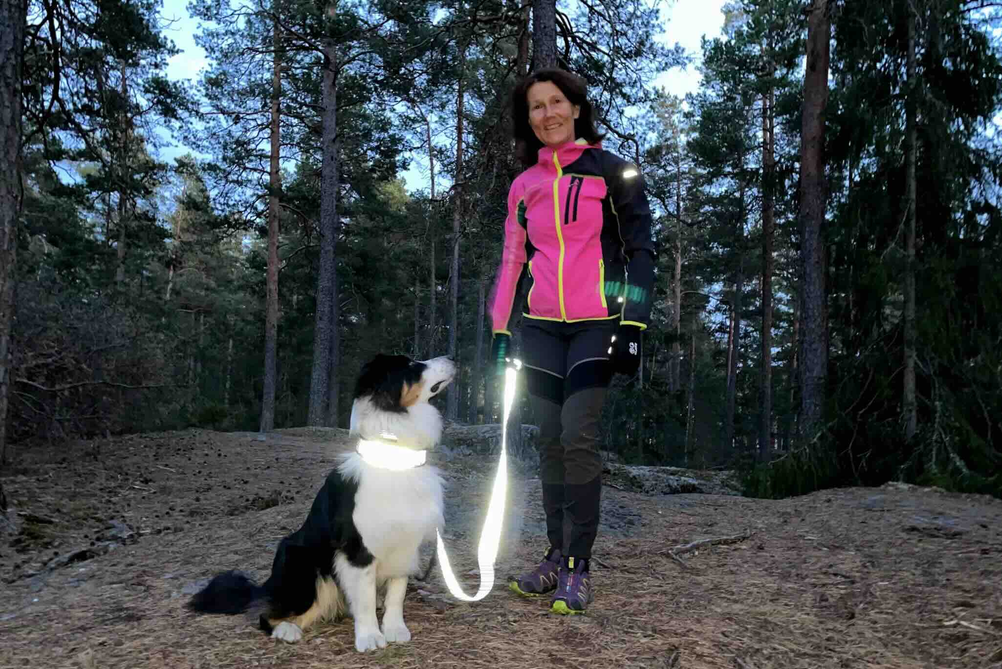 Woman hiking in pine forest at dusk with her dog wearing glowing reflective dog collar and leash from Smart in the dark