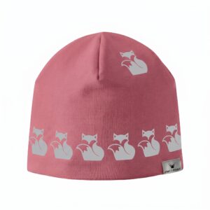 Kids Pink Peony reflective beanie with reflective fox pattern from Smart in the dark