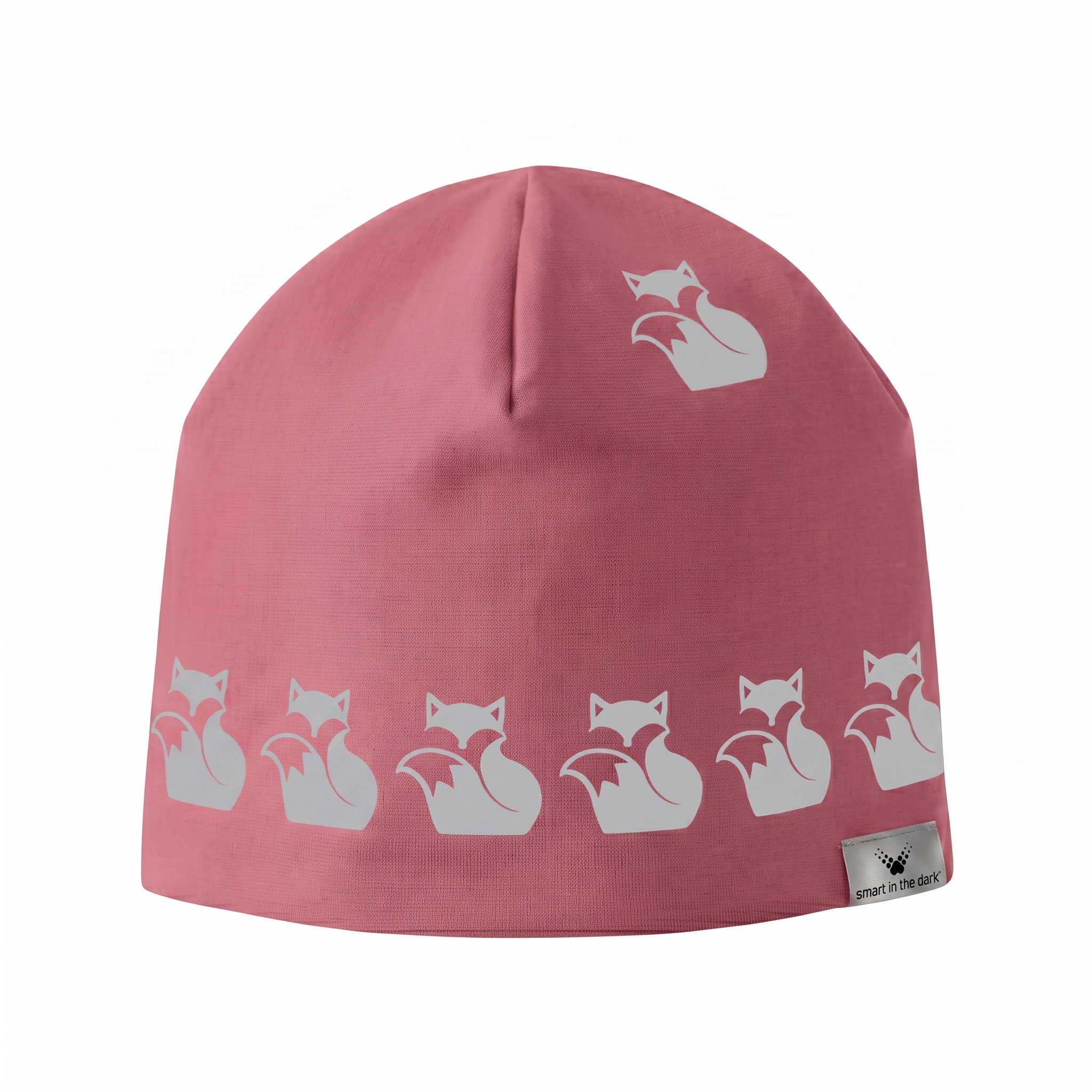 Kids Pink Peony reflective beanie with reflective fox pattern from Smart in the dark