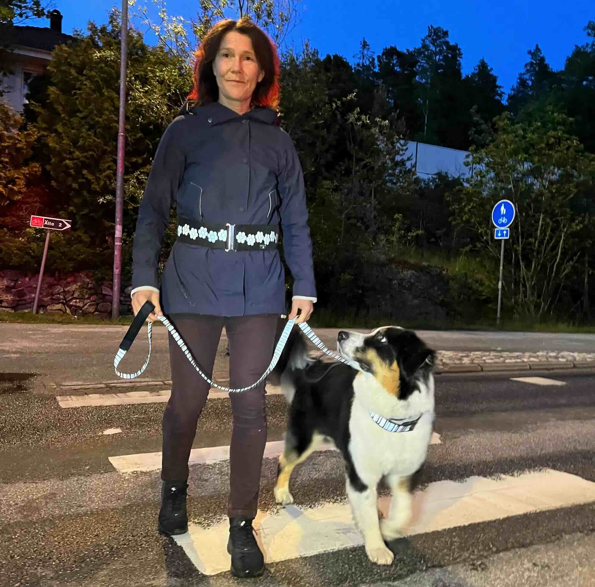 Dog Safety Reflectors Woman crossing the street at night with her dog wearing reflective belt, collar, and leash from Smart in the dark
