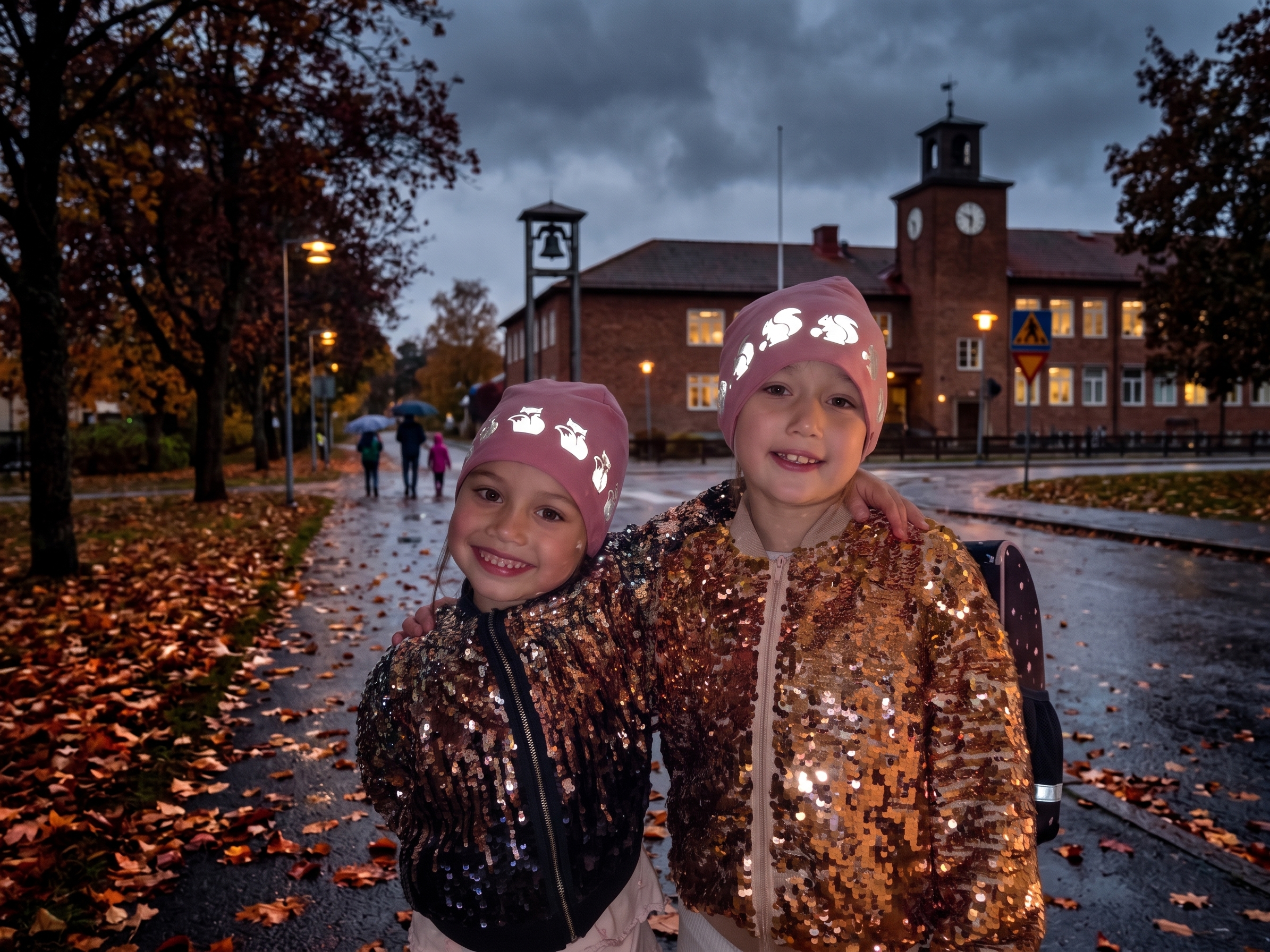 School Traffic Safety girls wearing glowing Pink Peony reflective beanies from Smart in the dark