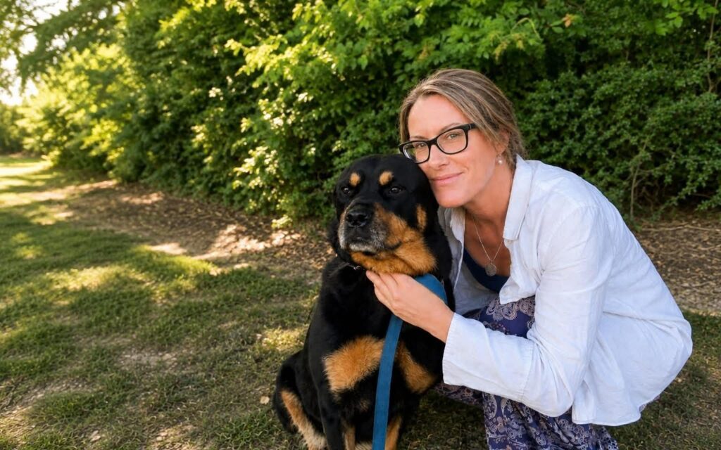 Dog walking at night: Dana with her dog Bella, prepared for safe walks with Smart in the dark.