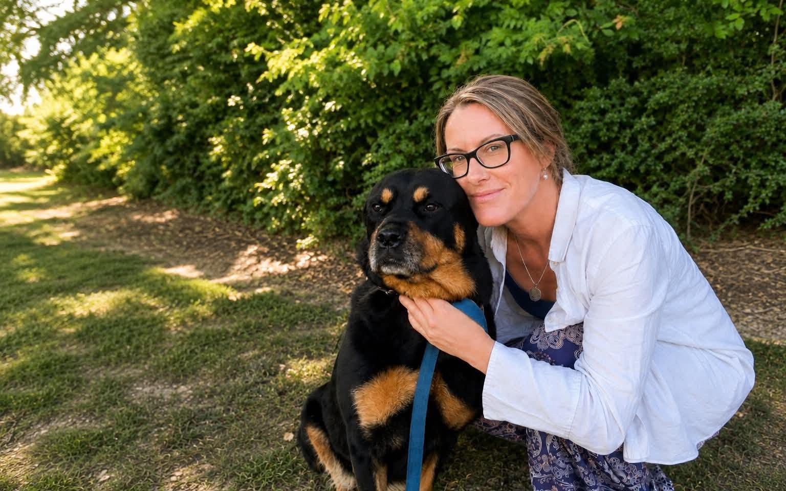 Dog walking at night: Dana with her dog Bella, prepared for safe walks with Smart in the dark.