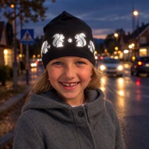 girl with a cotton beanie in reflective pattern of squirrels from Smart in the dark