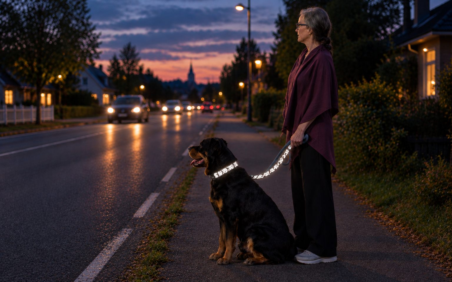 Dana and Bella with bright reflective leash and collar along a busy road at dusk.