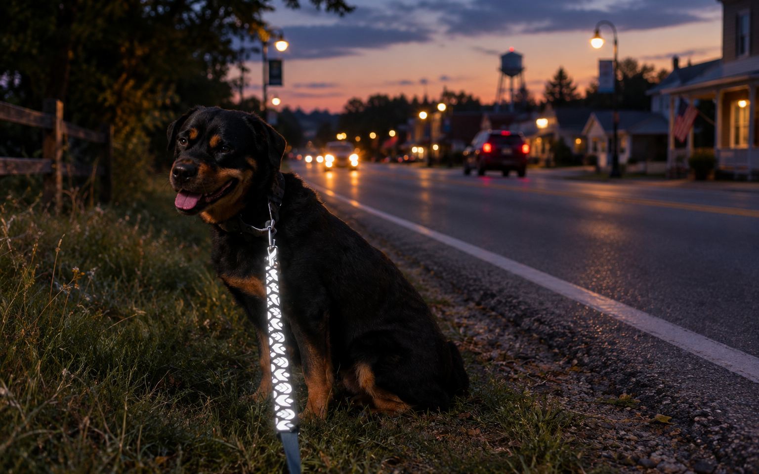 Dog Walking at Night: Expert Tips for Keeping Dogs Safe. Dog on a leash with 3M Scotchlite reflective material, clearly visible during an evening walk along a dark road, from Smart in the dark.