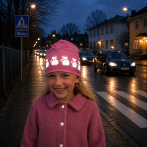 children beanie with reflective pattern of foxes in pink from smart in the dark
