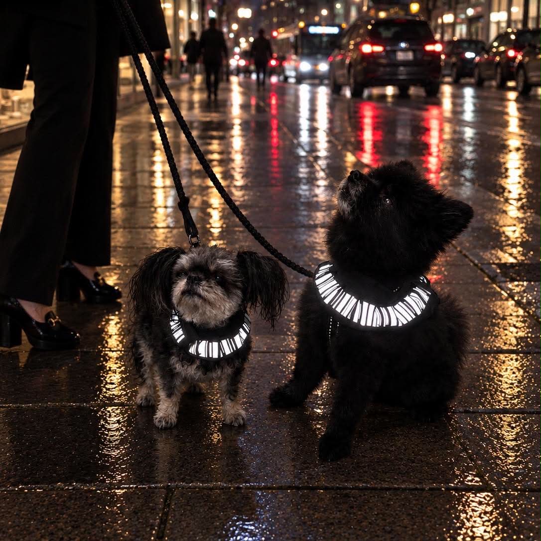 reflectiveband to put around dogs neck with a frill for dogs to be visible with much fur from Smart in the dark