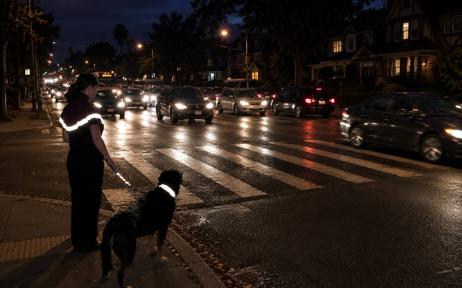 Dana and her dog Bella with high-visibility reflective gear at a night crosswalk with cars